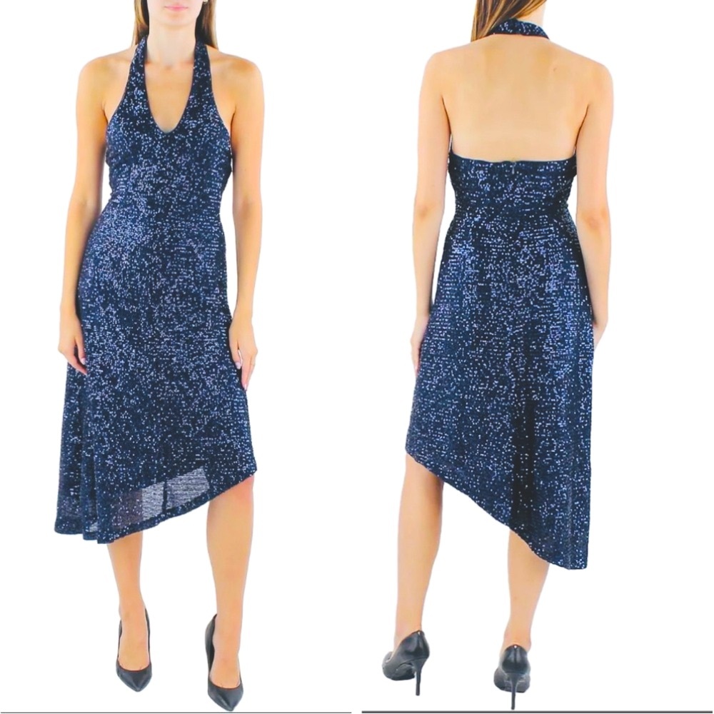NWT BCBGeneration sequin navy halter cocktail evening dress party 2 midi long